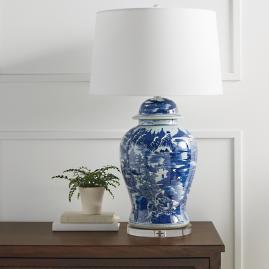 Blue and White Ming Table Lamp with Linen