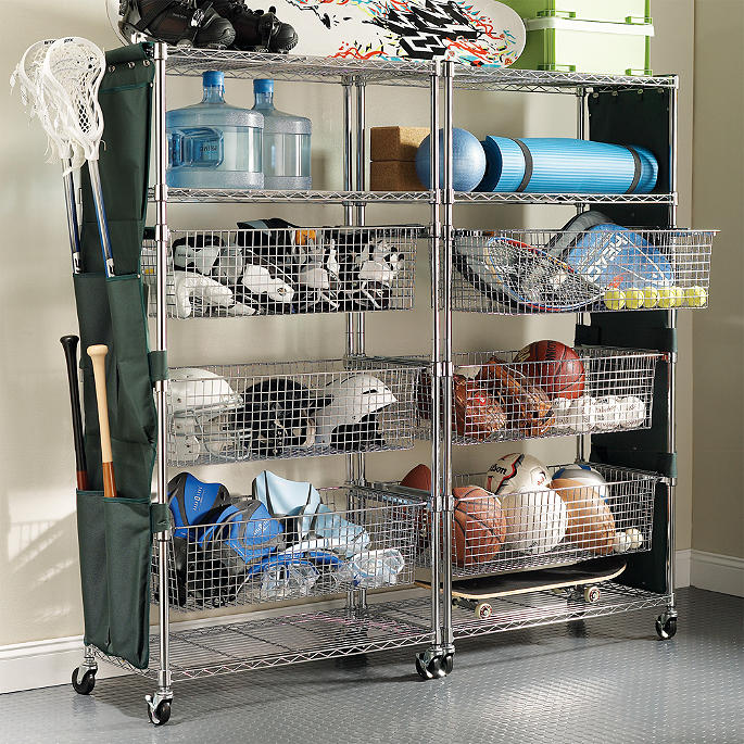 Chrome-finished Sports Shelving with Pull-out Bins