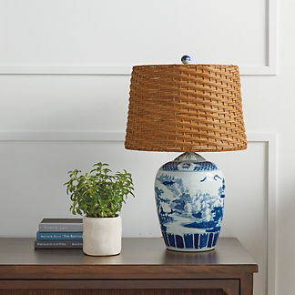 Blue and White Ming Table Lamp with Wicker Shade