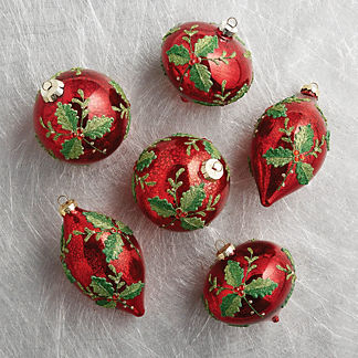 Glitter Holly Painted Ornaments, Set of Six