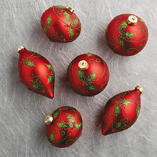 Holly Swirl Glitter Ornaments, Set of Six