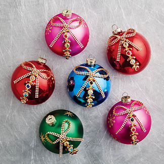 Jewel Crystal Rhinestone Bow Ornaments, Set of Six