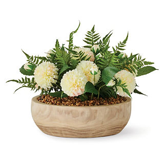 Cream Dahlias and Leather Fern in Wooden Bowl