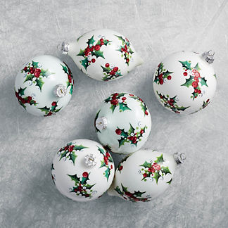 Pure White Holly Berry Ornaments, Set of Six