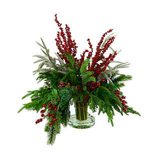 Evergreen & Berry Arrangement in Glass Vase