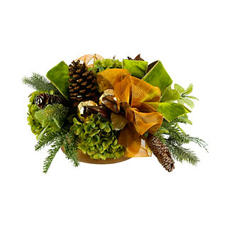 Chartreuse Hydrangea and Pinecone Arrangement