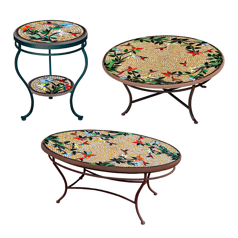 KNF Caramel Hummingbird Mosaics Round Coffee and Side Tables