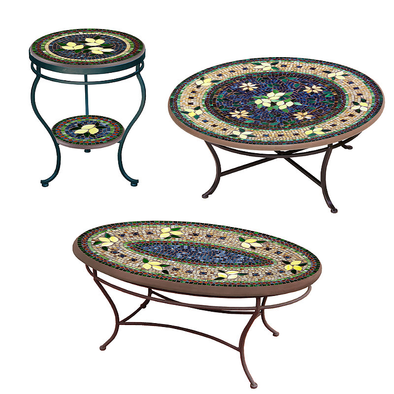 KNF Tuscan Lemons Mosaics Round Coffee and Side Tables