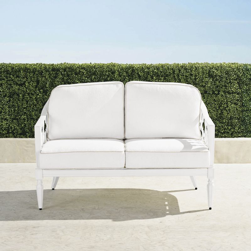 FRONTGATE AVERY LOVESEAT WITH CUSHIONS IN WHITE ALUMINUM