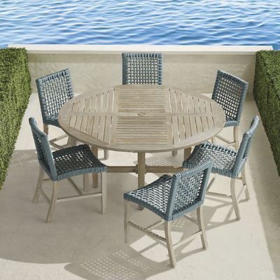 Isola 7-pc. Round Dining Set in Weathered Teak & Harbor Blue Wicker