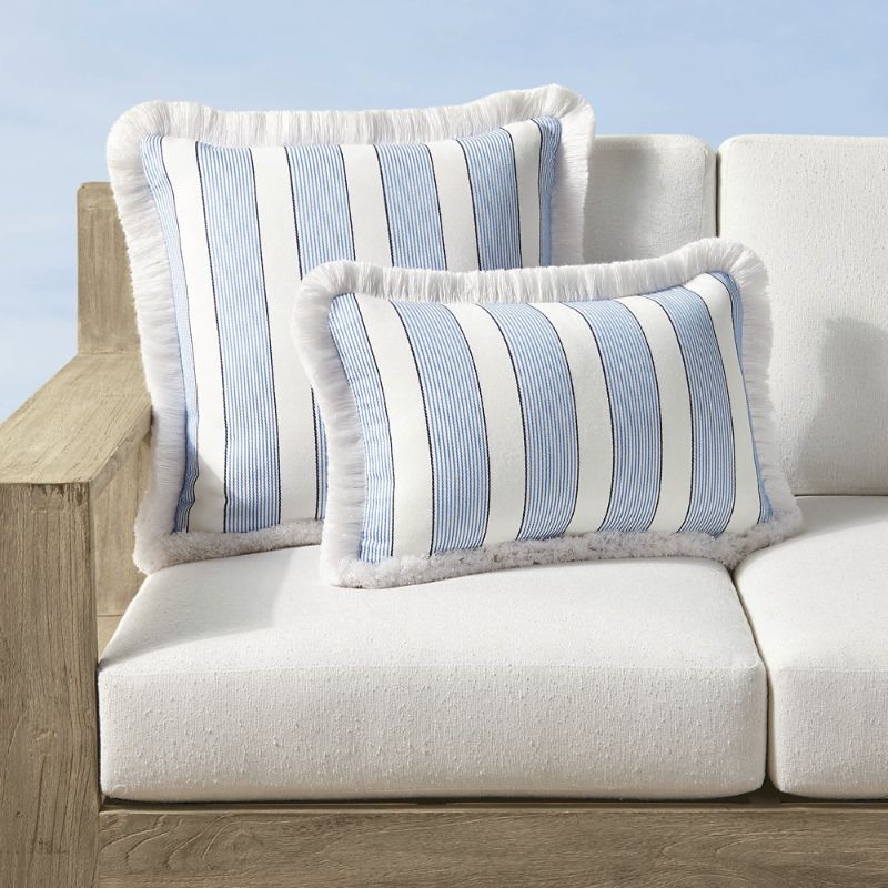 Frontgate Crew Stripe Fringed Indoor/outdoor Pillow In Air Blue,indigo