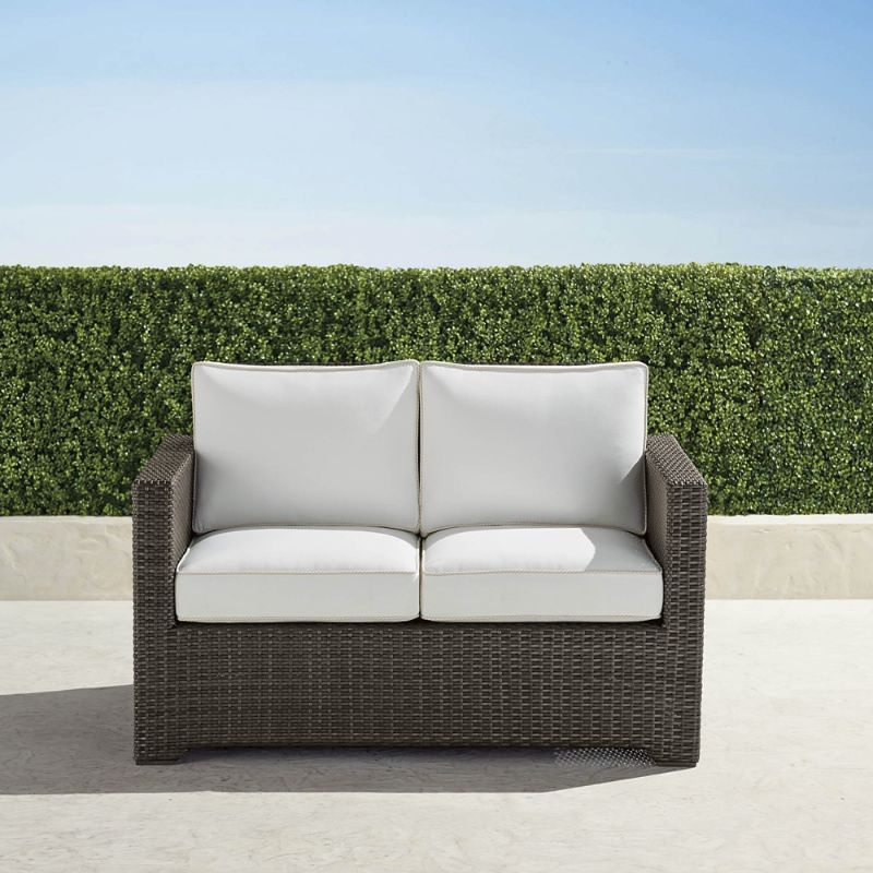 FRONTGATE SMALL PALERMO LOVESEAT WITH CUSHIONS IN BRONZE WICKER