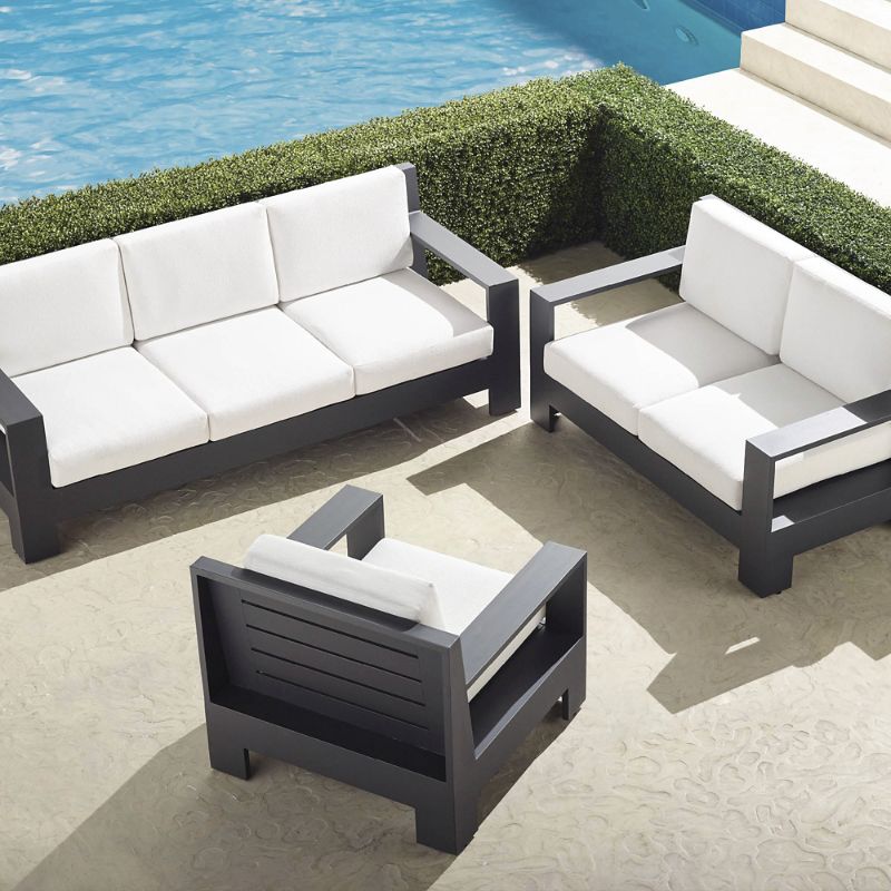 St Kitts 3pc Sofa Set in Matte Black Aluminum  Standard Restored Mediterranean Blue  Frontgate