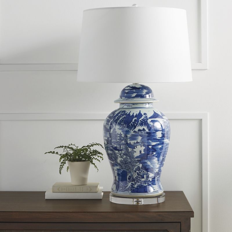 FRONTGATE BLUE AND WHITE MING TABLE LAMP WITH LINEN SHADE