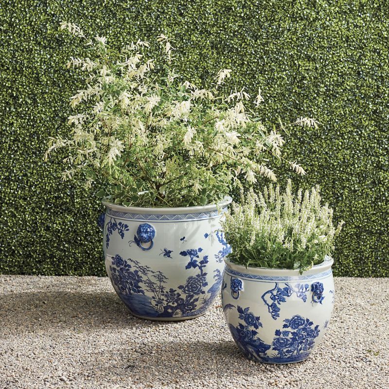 FRONTGATE SET OF 2 BLUE MING HANDPAINTED CERAMIC PLANTERS