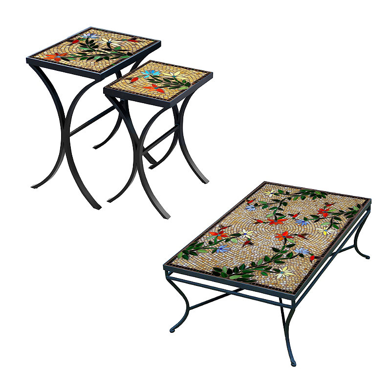 KNF Caramel Hummingbird Mosaics Rectangular Coffee and Side Tables