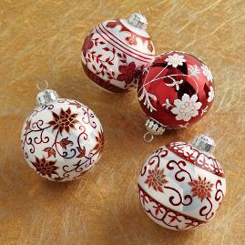 Floral Scroll Sphere Ornaments in Red/White, Set of