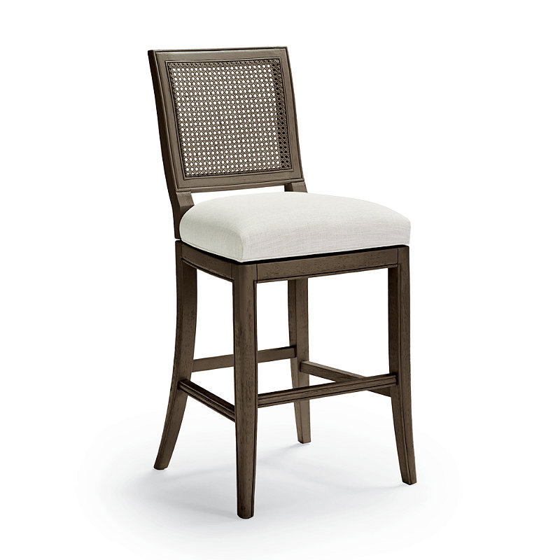 Georgia Cane Square Swivel Bar and Counter Stools - Mink Performance Linen Ivory Counterstool, 26"" Counter Height