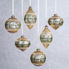 Pine Glitter Mercury Glass Ornaments, Set of Six