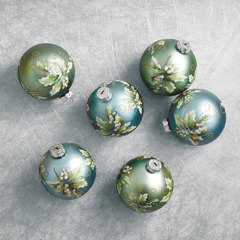 Frontgate Flowy Holly Ornaments, Set Of Six In Green