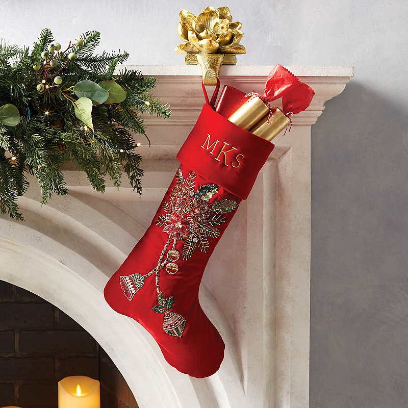 Frontgate Yuletide Greetings Velvet Embellished Luxe Stocking In Red