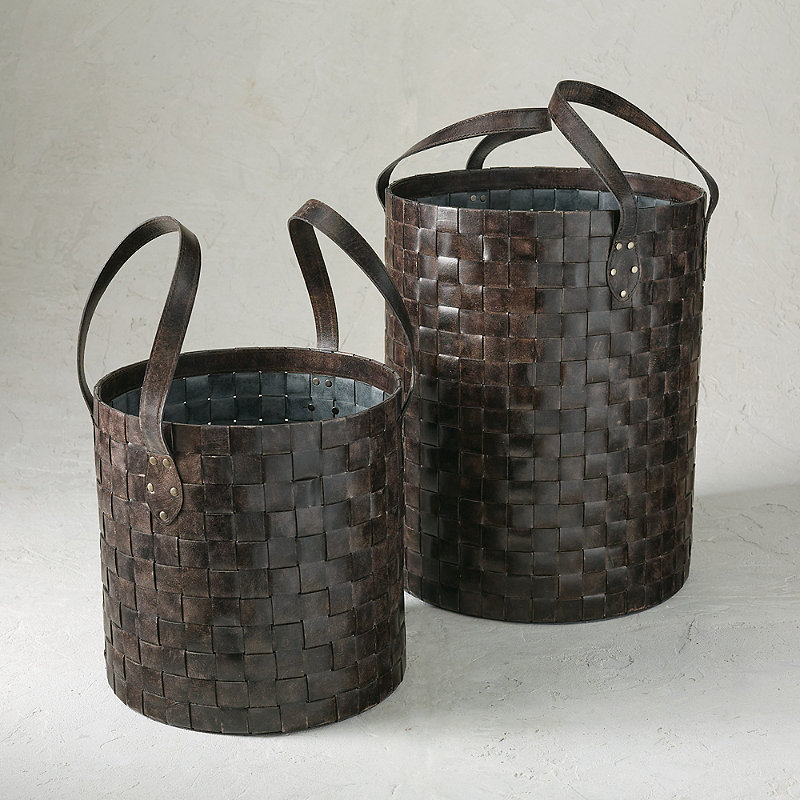 Set of 2 Theodore Leather Woven Baskets