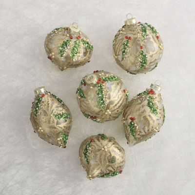 Holiday Leaves Embellished Ornaments, Set of Six