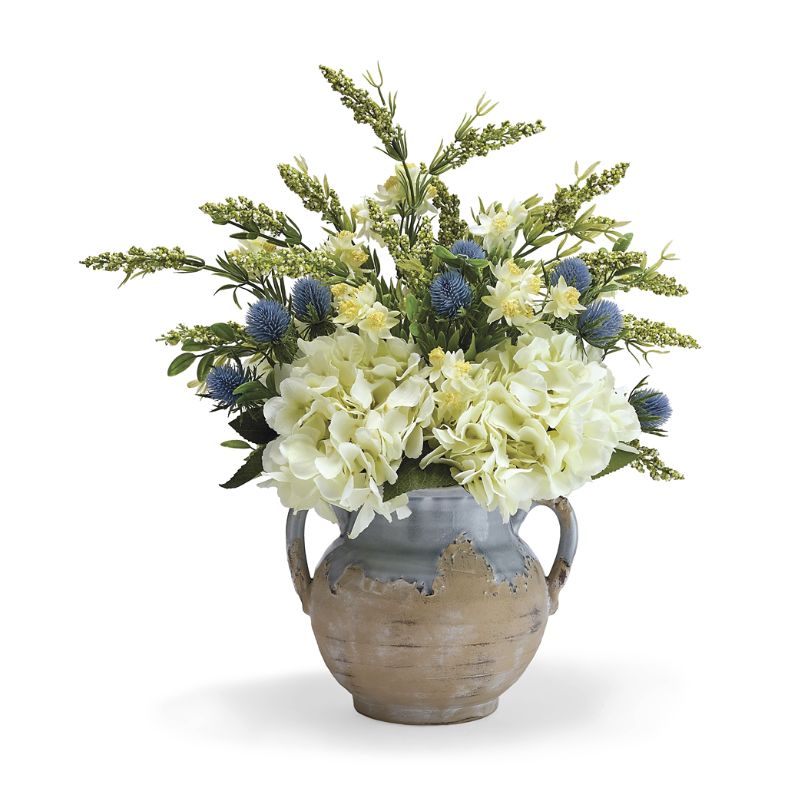 FRONTGATE WILD HEATHER AND HYDRANGEA IN CERAMIC VASE 