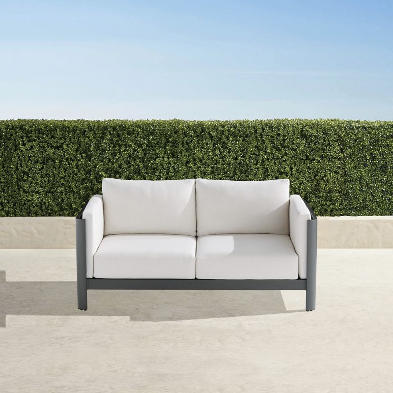 Frontgate Azores Loveseat With Cushions In Matte Black Aluminum