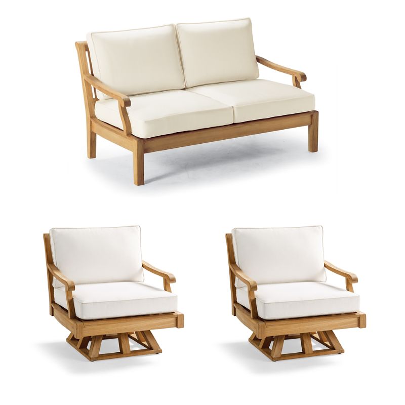 Frontgate Cassara 3-pc. Loveseat Set With Two Swivel Lounge Chairs In Natural Teak