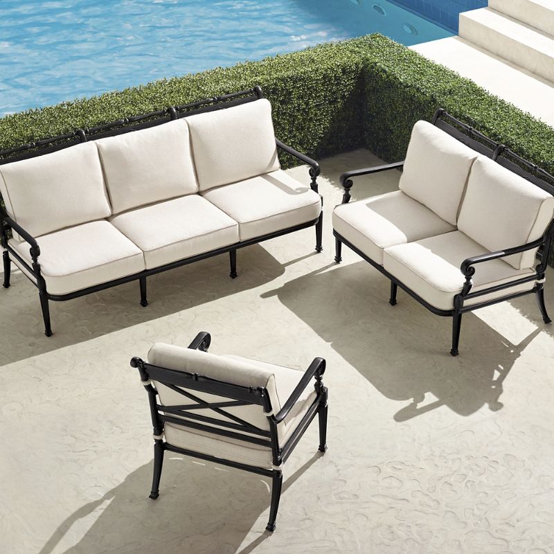 Carlisle 3pc Sofa Set in Onyx Aluminum  Sunbrella Rain Rain Indigo  Frontgate