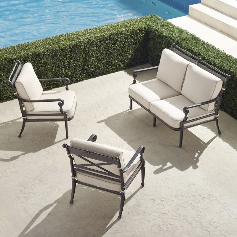 Carlisle 3pc Loveseat Set in Slate Aluminum  Sunbrella Rain Rain Dune  Frontgate