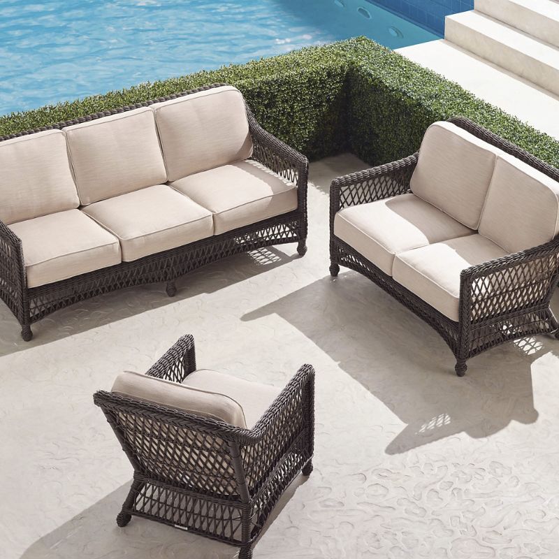 Hampton 3-pc. Sofa Set in Black Walnut Finish - Sailcloth Cobalt with Natural Piping, Sofa Set with Lounge Chair, Sailcloth Cobalt with Natural Piping