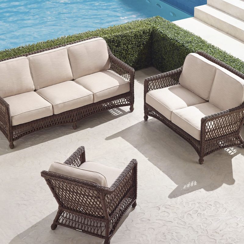 Hampton 3pc Sofa Set in Driftwood Wicker  Standard Georgina Floral Cobalt  Frontgate