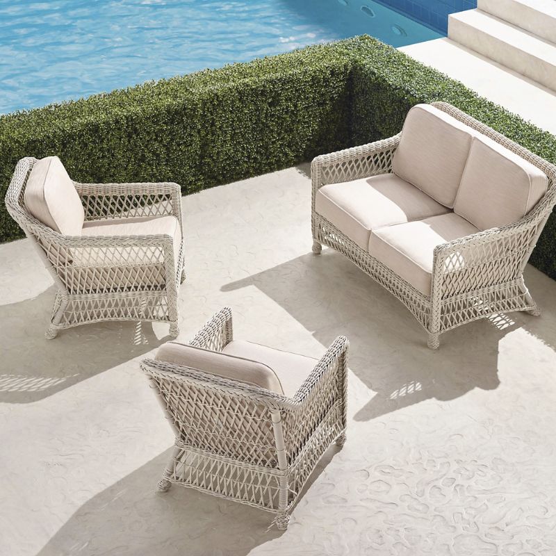 Hampton 3pc Loveseat Set in Ivory Wicker  Quick Dry Olivier Indigo  Frontgate