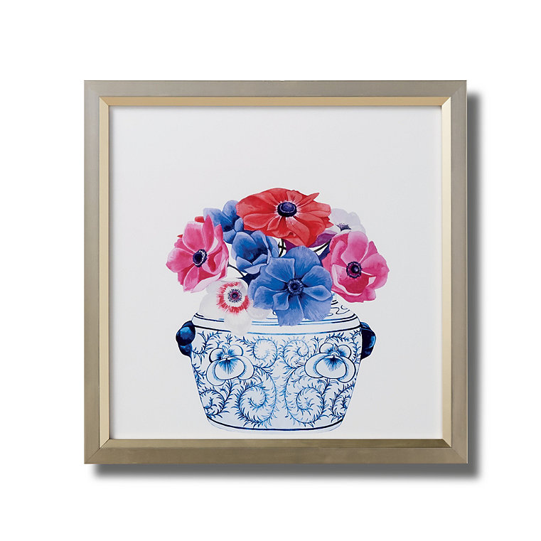Watercolor Blue Ming Foo Dog Jar with Anemones Giclee Print